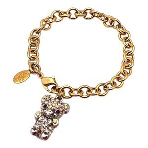 New Kirks Folly Charm Bracelet Bear Pave Crystal Gold Tone - 8M